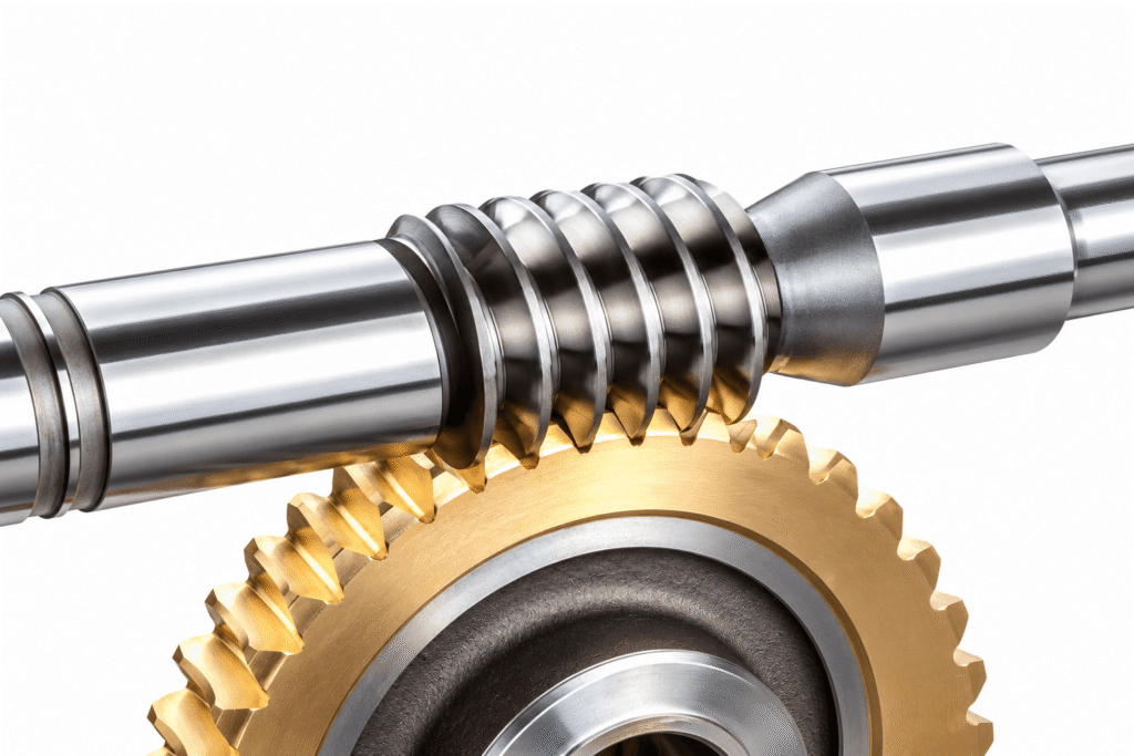 Steel worm shaft meshing with a bronze worm wheel, illustrating the working principle of an NMRV worm gear reducer.