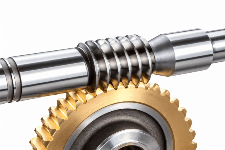 Steel worm shaft meshing with a bronze worm wheel, illustrating the working principle of an NMRV worm gear reducer.