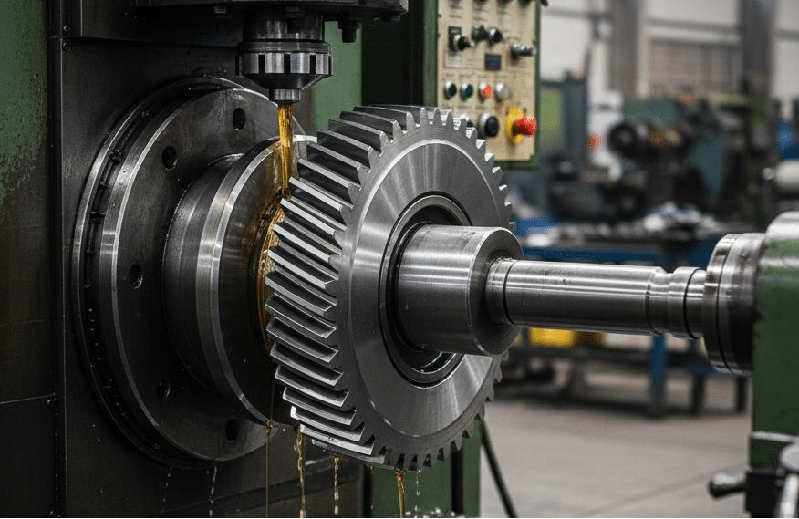 CNC hobbing machine cutting precise tooth profiles on an alloy steel gear during the industrial gearbox manufacturing process.